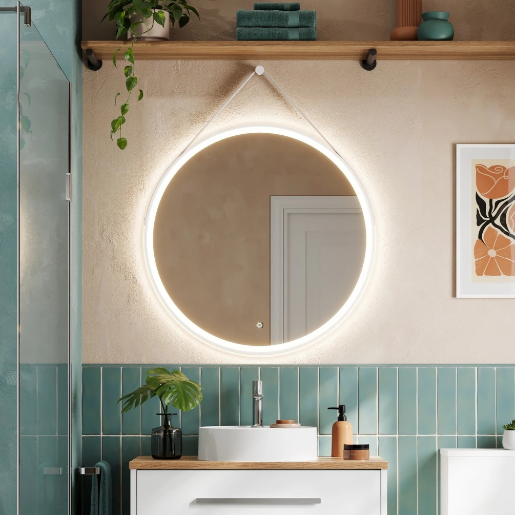 Lifestyle image of the hib. Solstice 800mm Matt White Circular LED Mirror with Strap